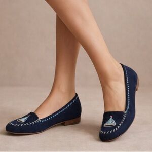 Talbots Navy Suede Sailboat Flats | Nautical Embroidery | Size 7.5